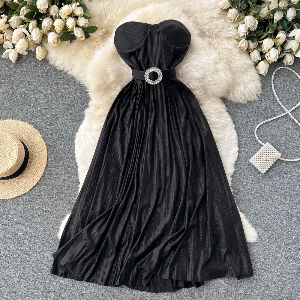 Flaxmaker Bandeau Backless Waist Shiny Party Dress