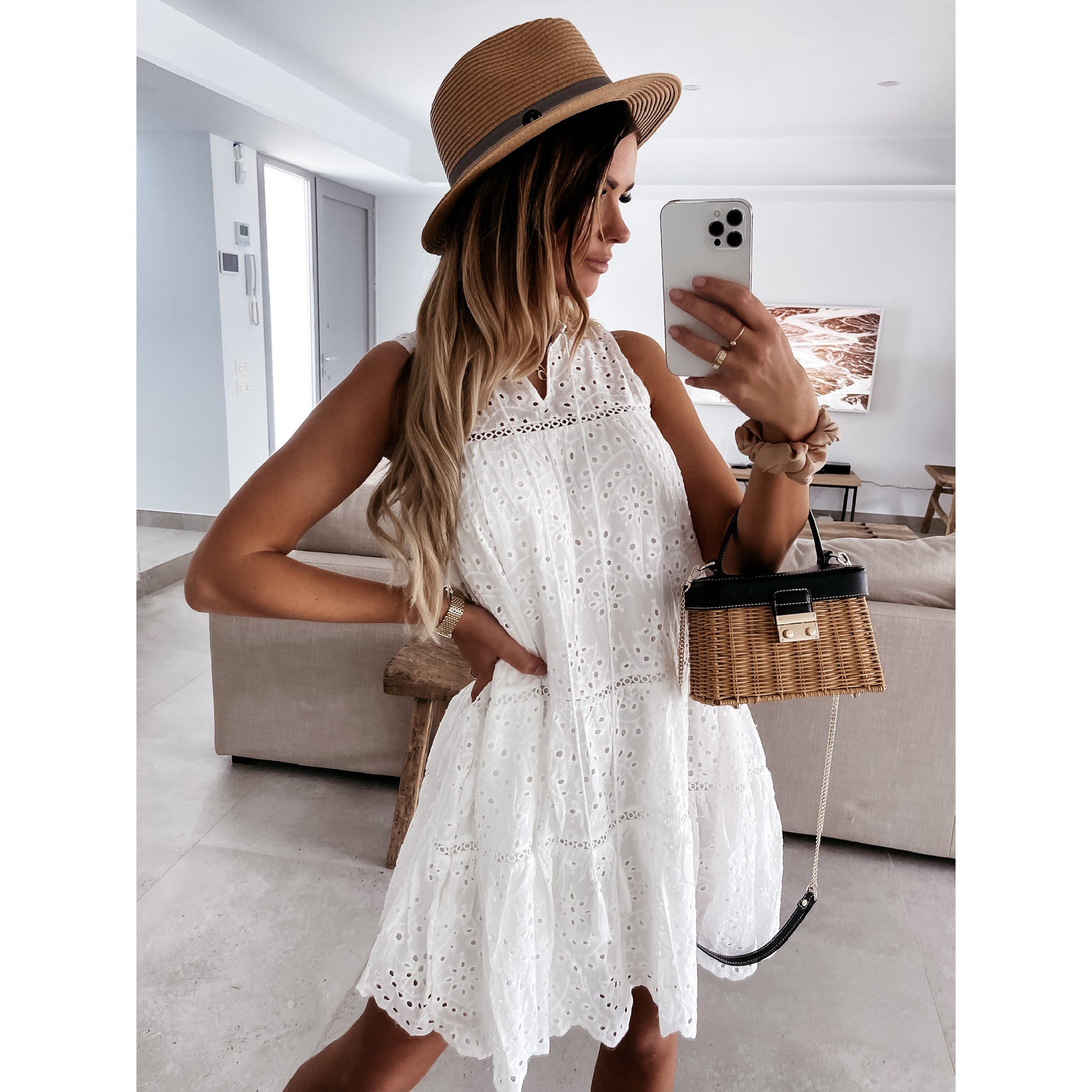 Cut Out  V Neck Lace Mini Dress