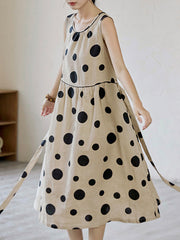 Contrast Color Pleated Polka-Dot Split-Joint Tied Waist Loose Sleeveless Round-Neck Midi Dresses
