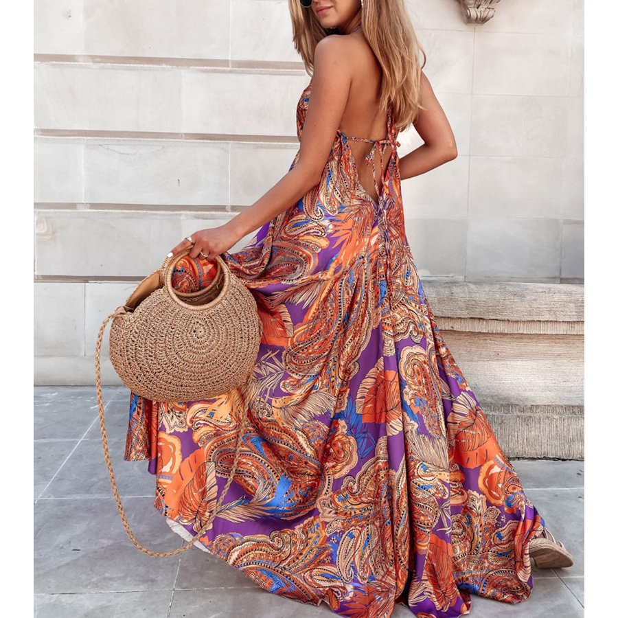 V Neck Blossom Printed  Backless Sling Dress