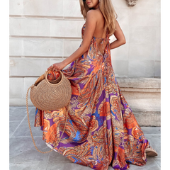 V Neck Blossom Printed  Backless Sling Dress