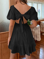 Backless Bowknot Elasticity Pleated Solid Color Split-Joint High Waisted Loose Square-neck Mini Dresses
