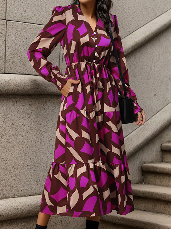 Buttoned Elasticity Pleated Printed Split-Joint Tied Waist A-Line Long Sleeves V-Neck Midi Dresses