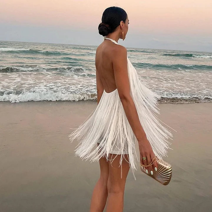 Halter Backless Fringe Mini Dress Flaxmaker