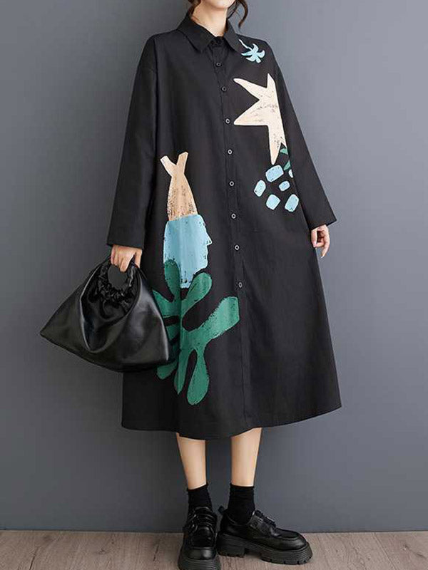 Buttoned Pockets Printed Split-Joint A-Line Long Sleeves Lapel Shirt Dress Midi Dresses