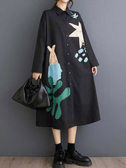 Buttoned Pockets Printed Split-Joint A-Line Long Sleeves Lapel Shirt Dress Midi Dresses