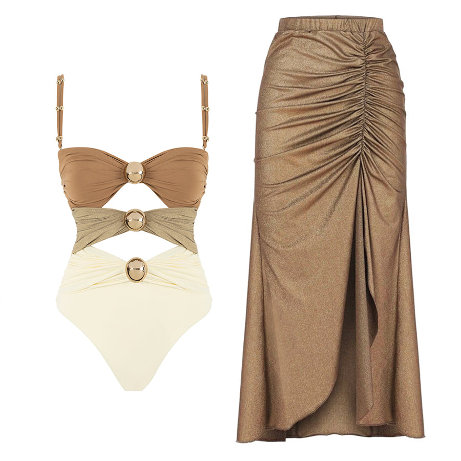 Color Block Cutout One Piece Swimsuit and Sarong