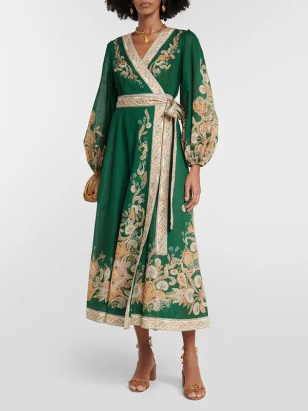 Flower Print Patchwork Bandage V-Neck Maxi Dresses