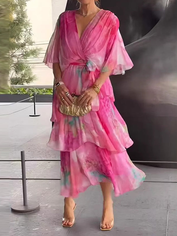 Flower Printed Gradient Ruffled Half Sleeves Maxi Dresses