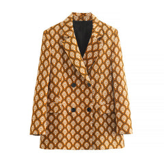 Flaxmaker Double Breasted Retro Printed  Blazer Two Piece Set