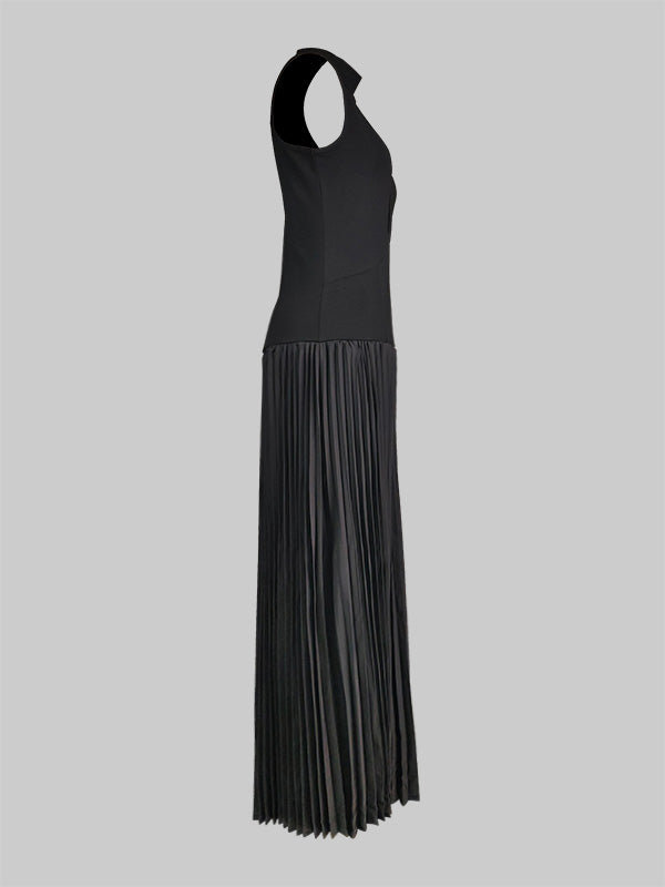 Hollow Pleated Solid Color Split-Joint Bodycon Sleeveless Mock Neck Maxi Dresses