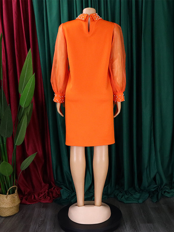 Beads Mesh Solid Color Split-Joint Puff Sleeves Round-neck Midi Dresses
