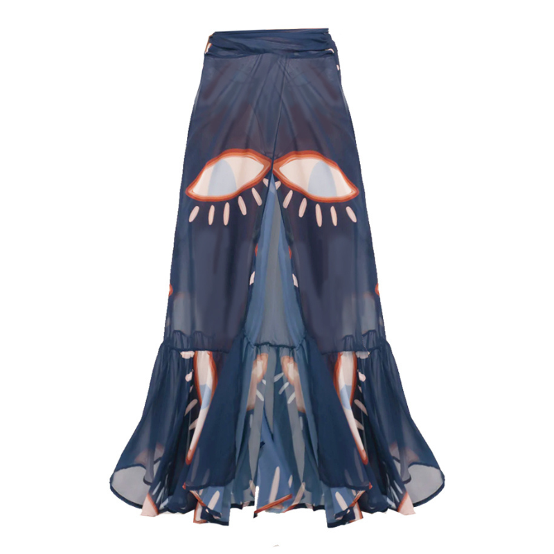 One Shoulder Ruffle Eye Print One Piece Swimsuit and Skirt Flaxmaker