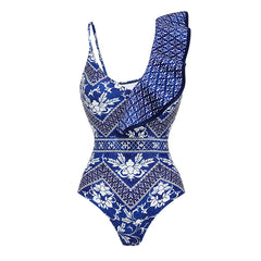 Asymmetrical Ruffle Printed One Piece Swimsuit and Skirt Flaxmaker(Shipped on Dec 29th)