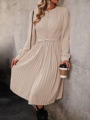 Pleated Solid Color Split-Joint Tied Waist Long Sleeves Loose Round-Neck Midi Dresses