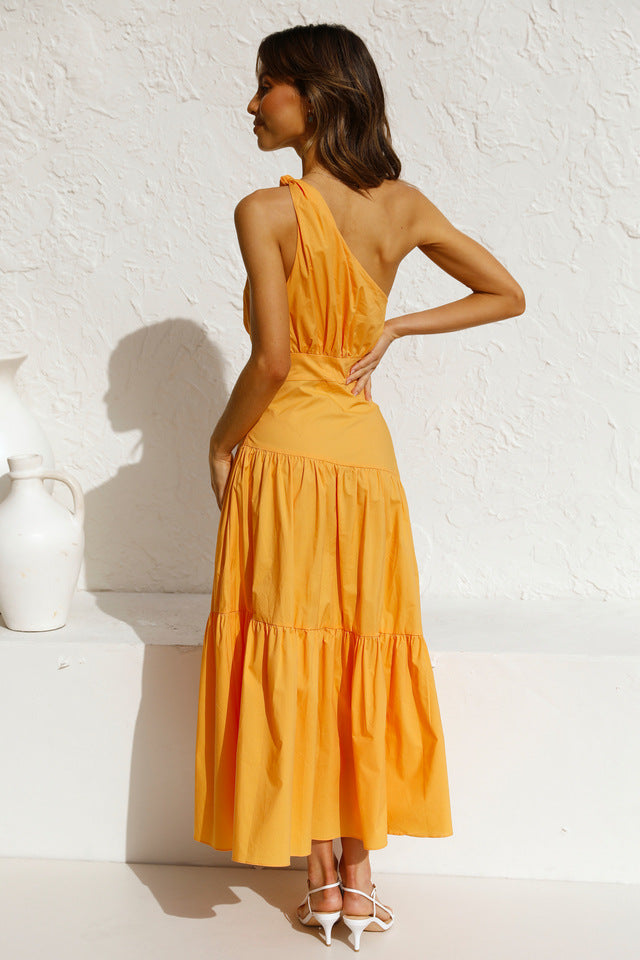 One Shoulder Solid Color Swing Dress