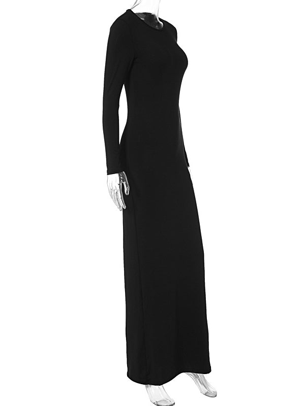 See-Through Solid Color Bodycon Long Sleeves Round-Neck Maxi Dresses