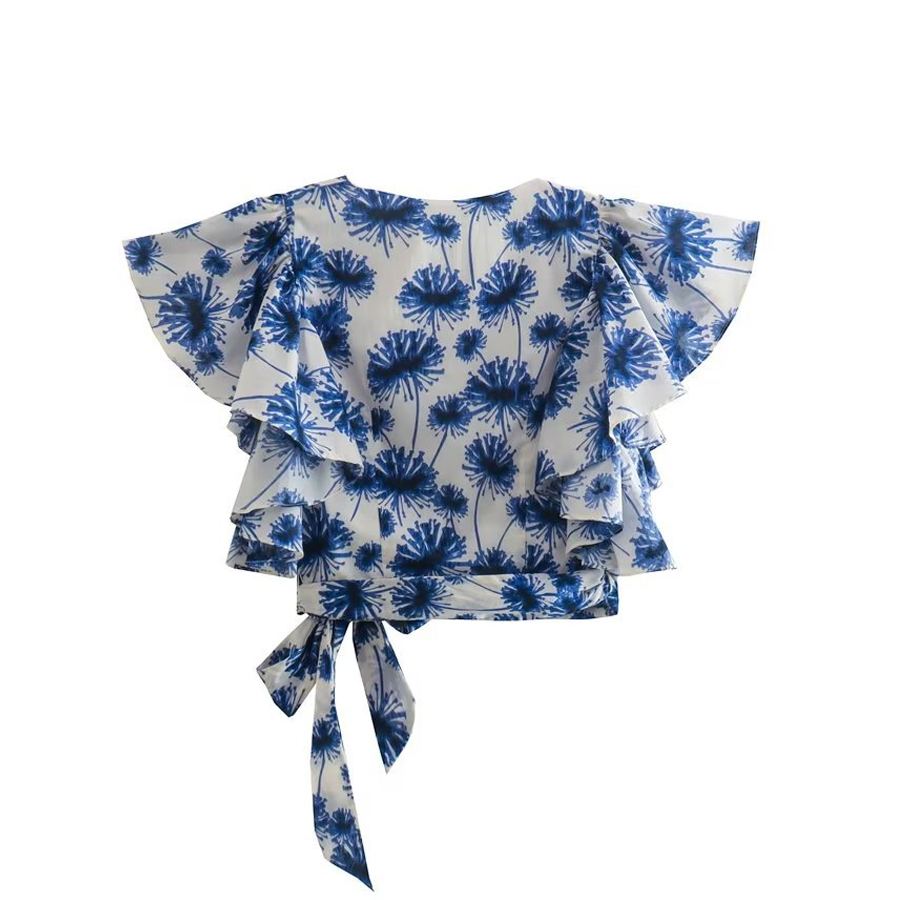 Flaxmaker Elegant Ruffle V Neck Jungle Printed Two Piece Set