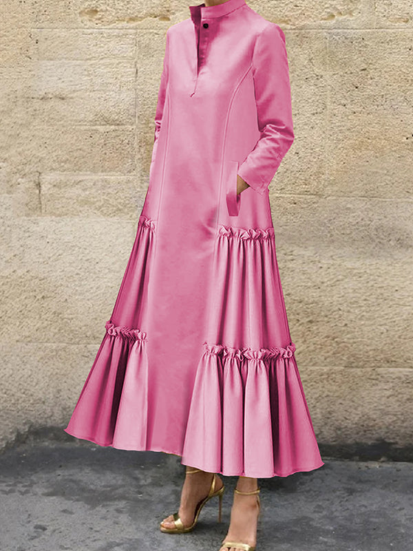 Buttoned Layered Pleated Pockets Ruffled Solid Color Split-Joint A-line Long Sleeves Stand Collar Maxi Dresses