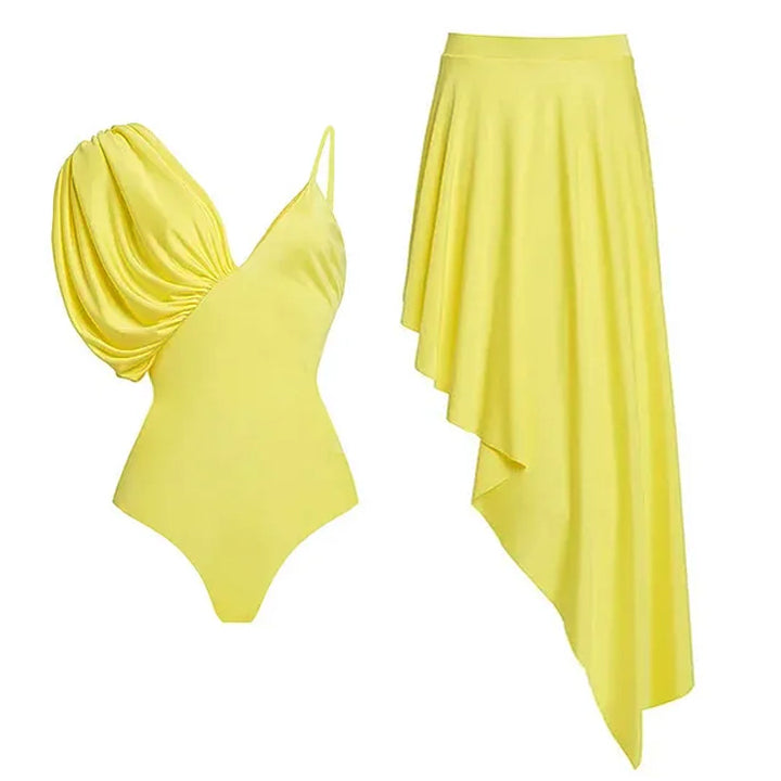 Asymmetrical Sling Solid Color One Piece Swimsuit and Skirt Flaxmaker