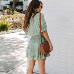 V-neck Ruffled Solid Color Dress