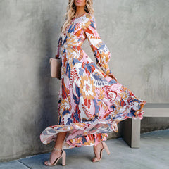 Boat Neck Puff Sleeve Blossom Printed  Dress