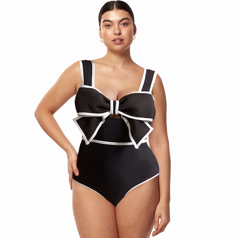 Plus Size Bow Decor One Piece Swimsuit and Skirt Flaxmaker