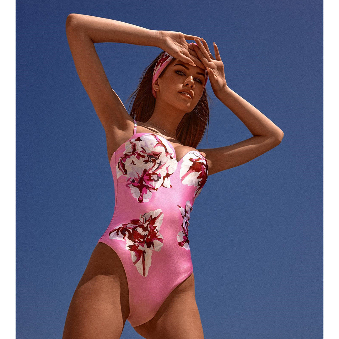 V Neck Printed One Piece Swimsuit and Cardigan