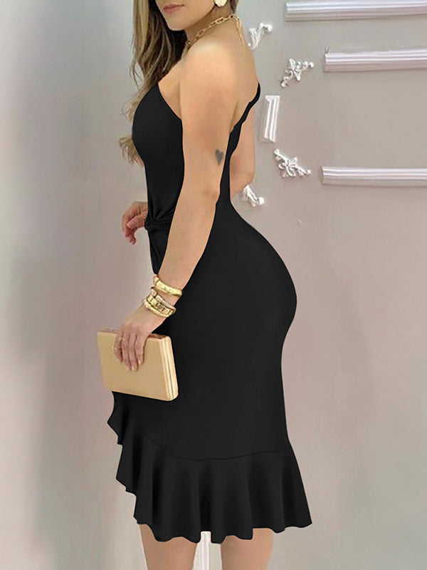 Asymmetric Pleated Solid Color Bodycon High Waisted One-Shoulder Midi Dresses