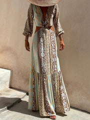 Flower Printed Asymmetry Long Sleeves Bohemia Maxi Dresses
