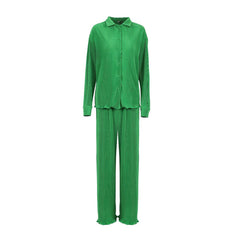 Long Sleeve Blouse Wide Leg Pant Matching Set - Green