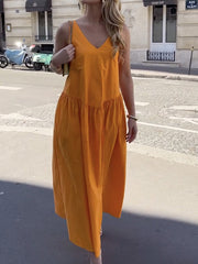 Pleated Solid Color Split-Joint A-Line Sleeveless V-Neck Maxi Dresses