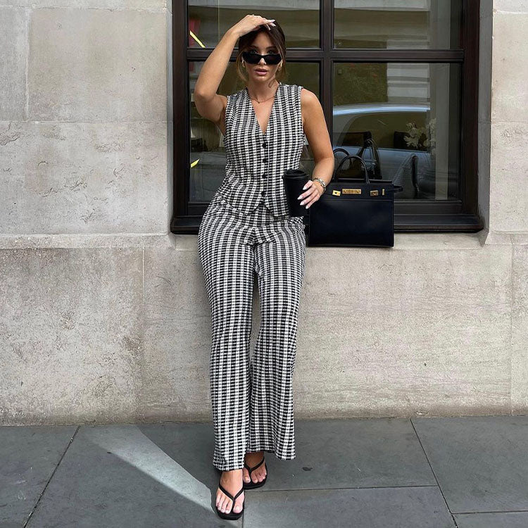 Fashion Plaid Printed Top and Pants Set