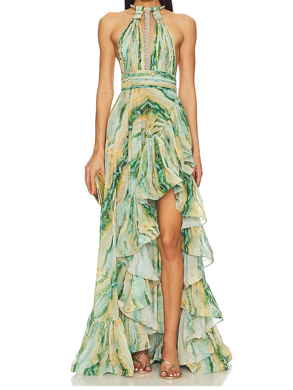 Flower Printed Sleeveless Ruffled Split-Side Maxi Dresses