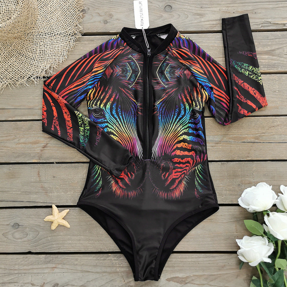 Long Sleeve Zipper Printed Surf One Piece Swimsuit Flaxmaker