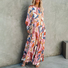 Boat Neck Puff Sleeve Blossom Printed  Dress