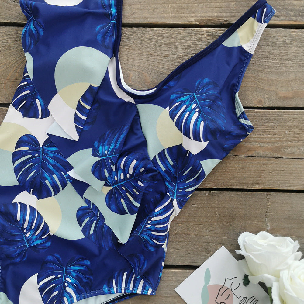 Ruffle V Neck Printed One Piece Swimsuit