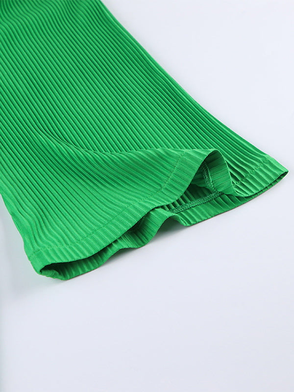 High-Waisted Pleated Solid Color Zipper A-line Flared Sleeves Round-neck Mini Dresses