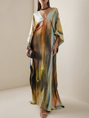 Printed Split-Joint Batwing Sleeves Loose V-Neck Maxi Dresses