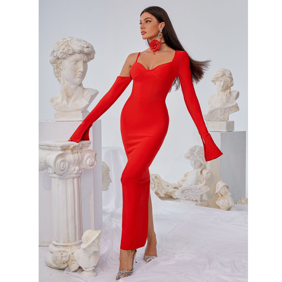 Red Long-sleeved Sling  Maxi Dress