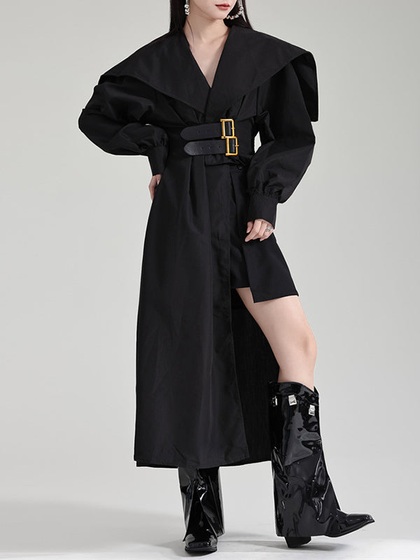 Asymmetric Belted Pleated Solid Color High Waisted Long Sleeves Lapel Midi Dresses