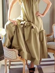 Falbala Solid Color Split-Joint Cap Sleeve Loose Round-Neck Maxi Dresses