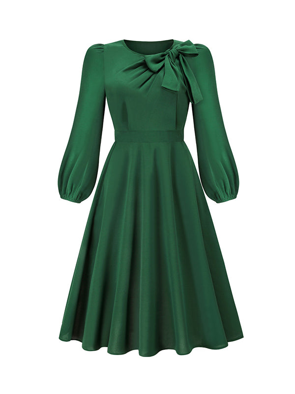 Asymmetric Bowknot Elasticity Solid Color A-Line Long Sleeves Round-Neck Midi Dresses