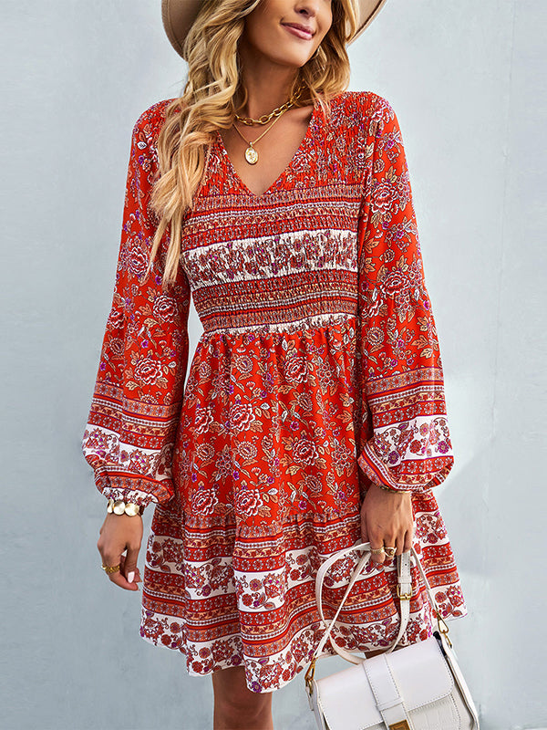 Bohemia A-Line Loose Floral Printed V-Neck Dress