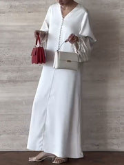 Loose Puff Sleeves Drawstring Solid Color Split-Joint V-Neck Maxi Dresses Shirt Dress