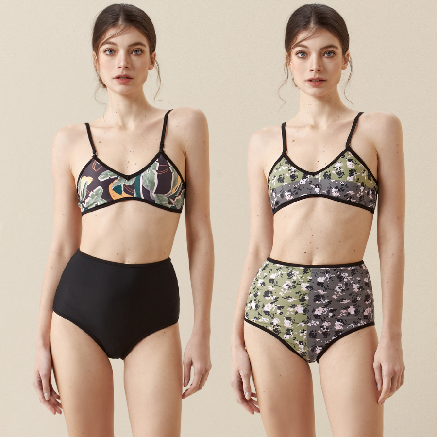 Flaxmaker Reversible Splicing Vintage Print Swimsuit and Shorts