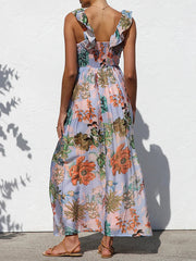 Flower Printed Sleeveless V-Neck Ruffled Elegant Maxi Dresses
