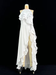 Layered Ruffled Solid Color Split-side Zipper Loose Sleeveless Round-neck Maxi Dresses