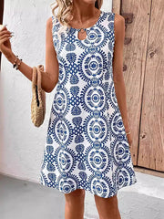 Hollow Printed A-Line Loose U-Neck Mini Dresses