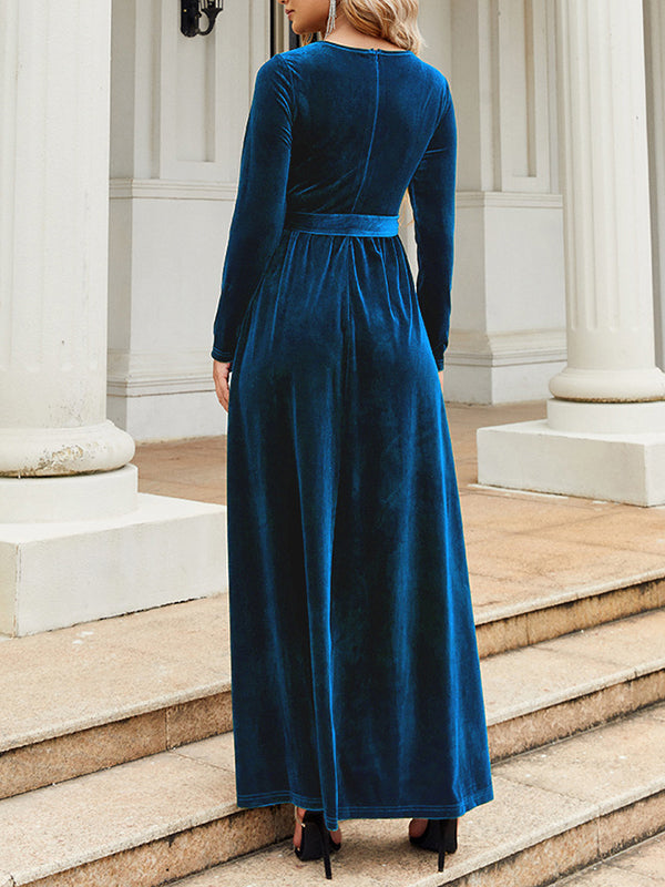 Belted Pleated Solid Color Zipper Long Sleeves Wrap Round-Neck Maxi Dresses